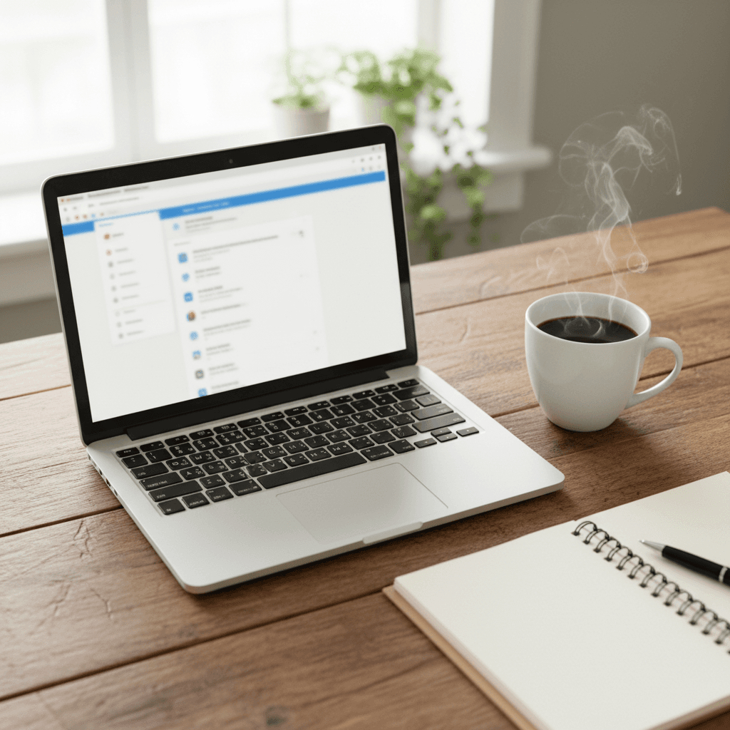 Open laptop with a blurred email interface and a coffee cup on a wooden desk