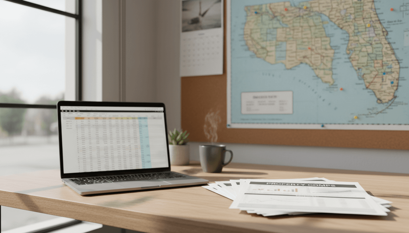Real estate analyst workspace with property documents in Orlando
