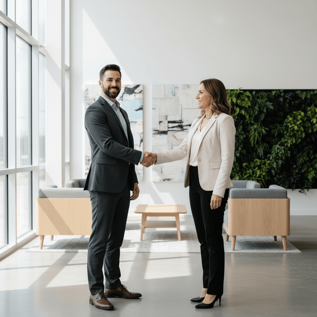 Business owner and investor shaking hands in a modern office lobby