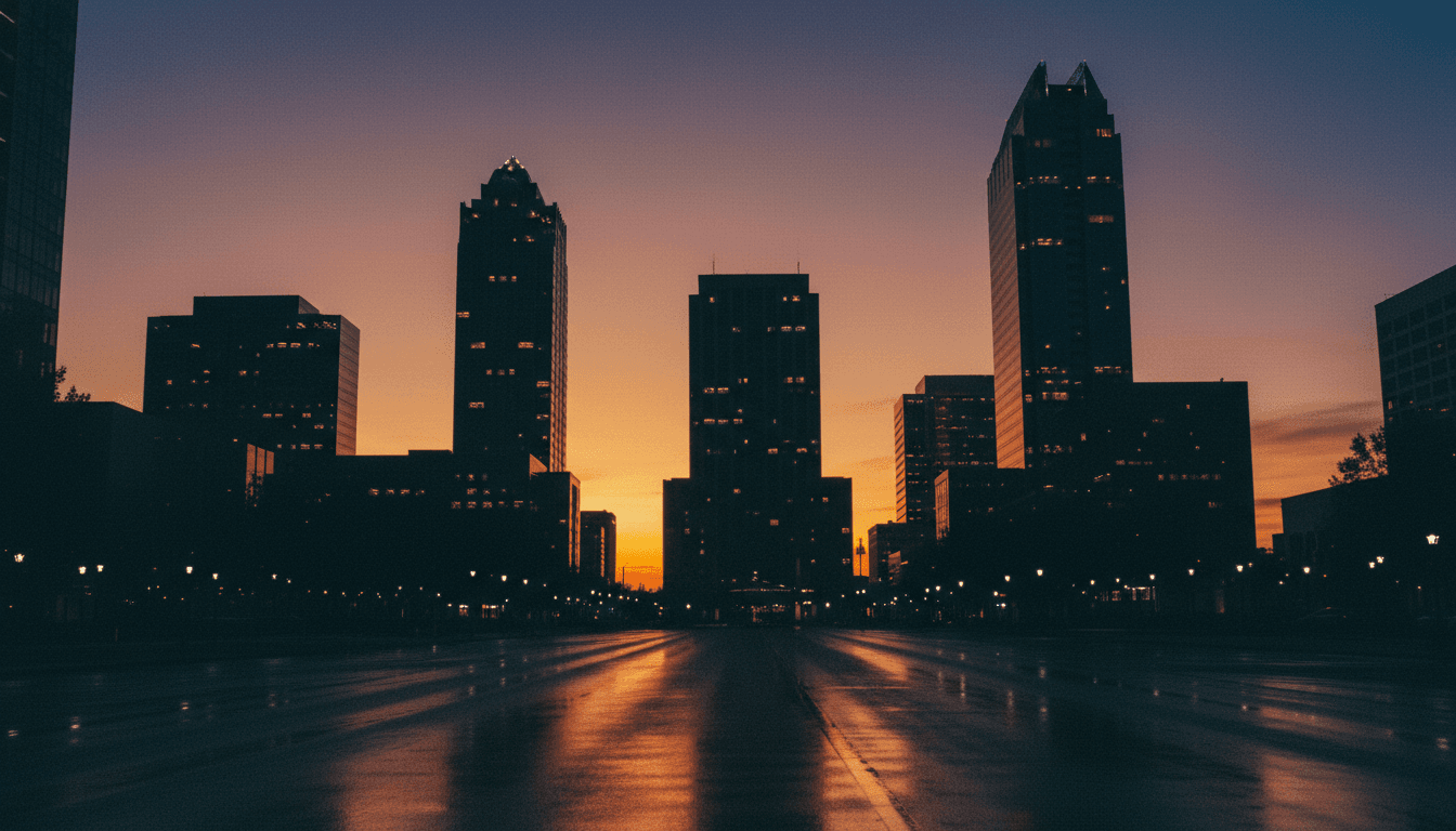 Orlando skyline at dusk with buildings silhouetted against warm sky