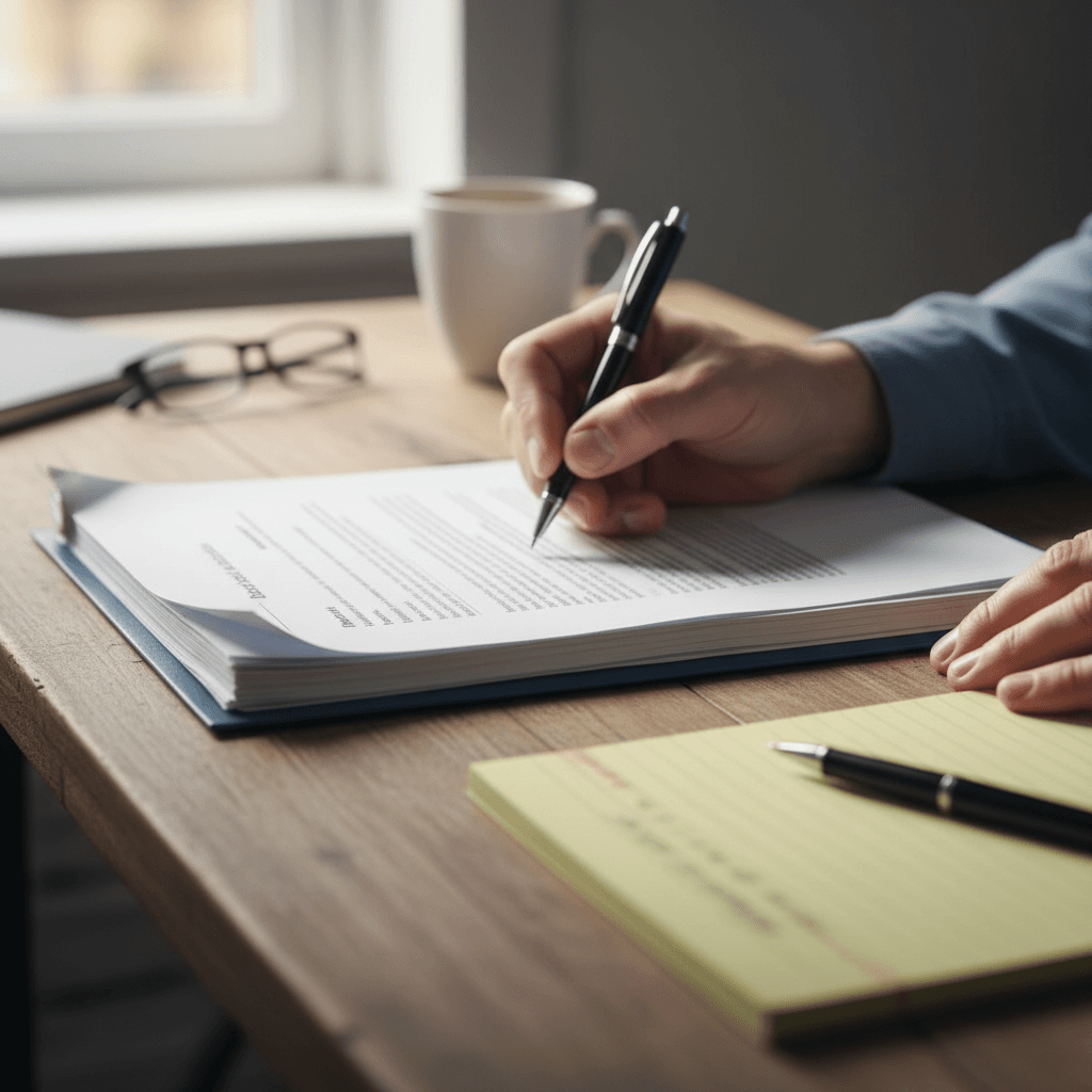 Hand signing a real estate closing document on a wooden desk