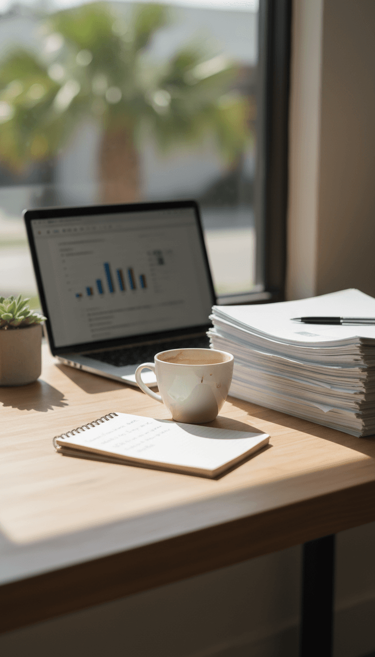 Desk with real estate market reports and laptop