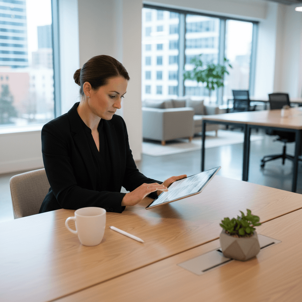 Real estate investor reviewing deal documents on a tablet in a bright office