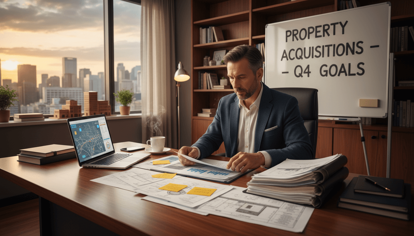 Investor reviewing property deal documents on a desk with a laptop