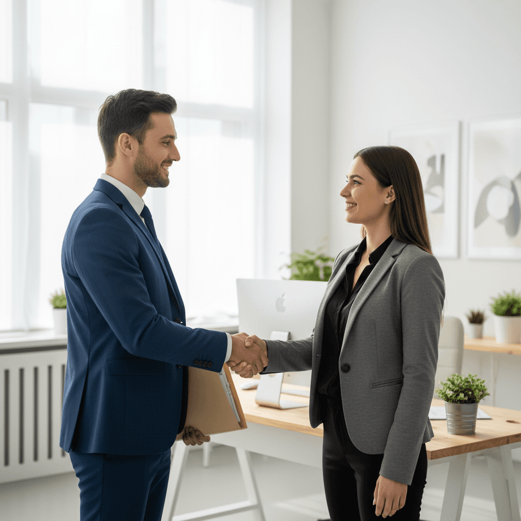 Two real estate professionals shaking hands in an office, one holding a folder