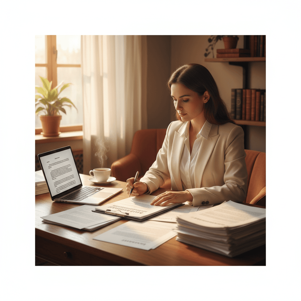 Professional reviewing a real estate contract with papers and a laptop on a desk