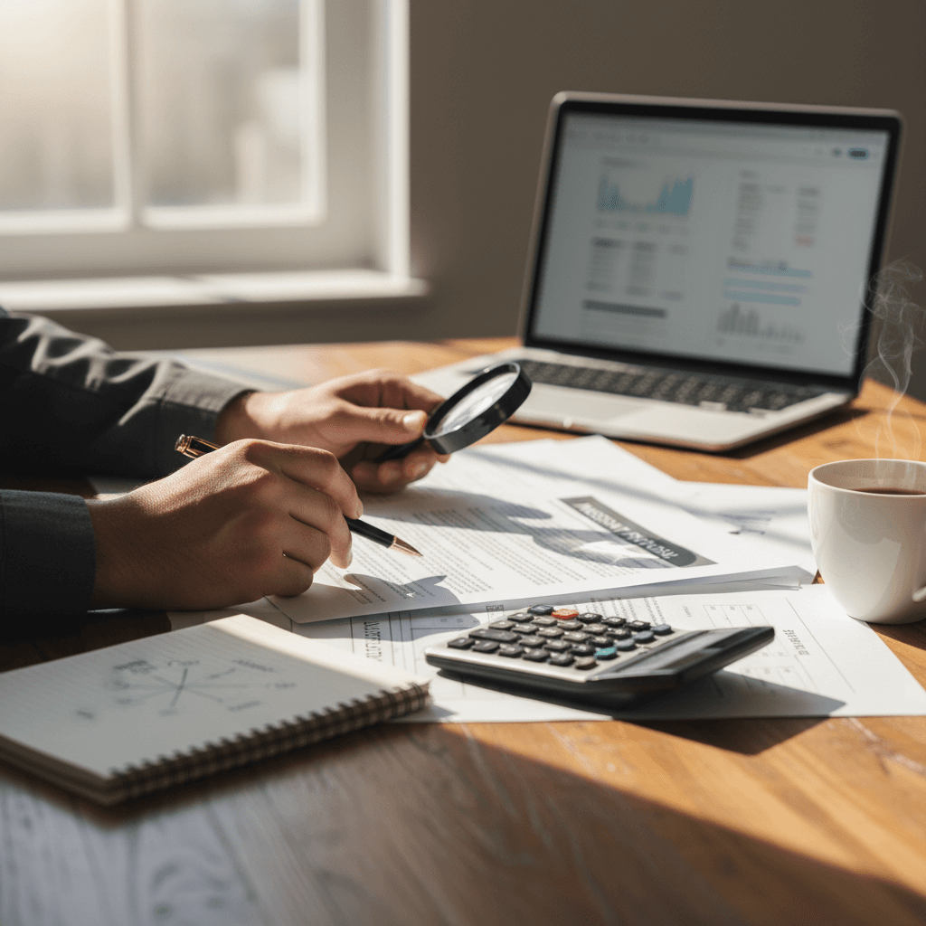 Investor's hands analyzing property blueprints and documents at desk with laptop and coffee nearby