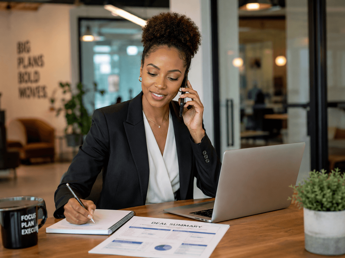 Black woman in a blazer talking on a phone while writing at her office desk.