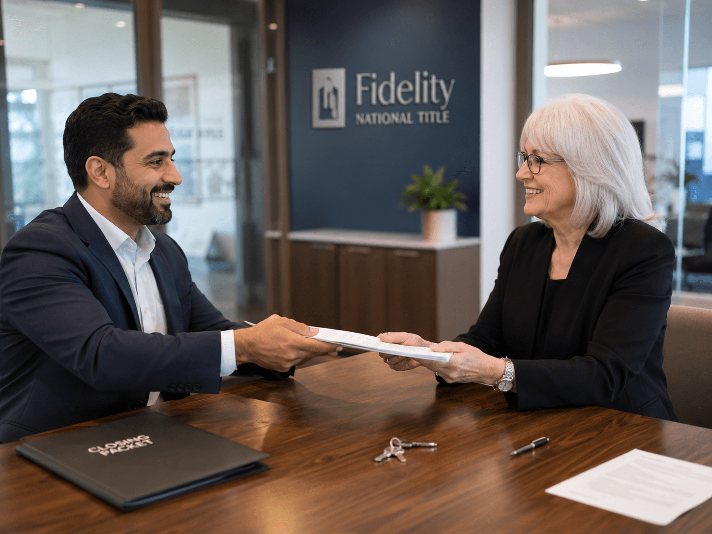 Smiling man and woman exchange closing documents across a desk at Fidelity National Title.