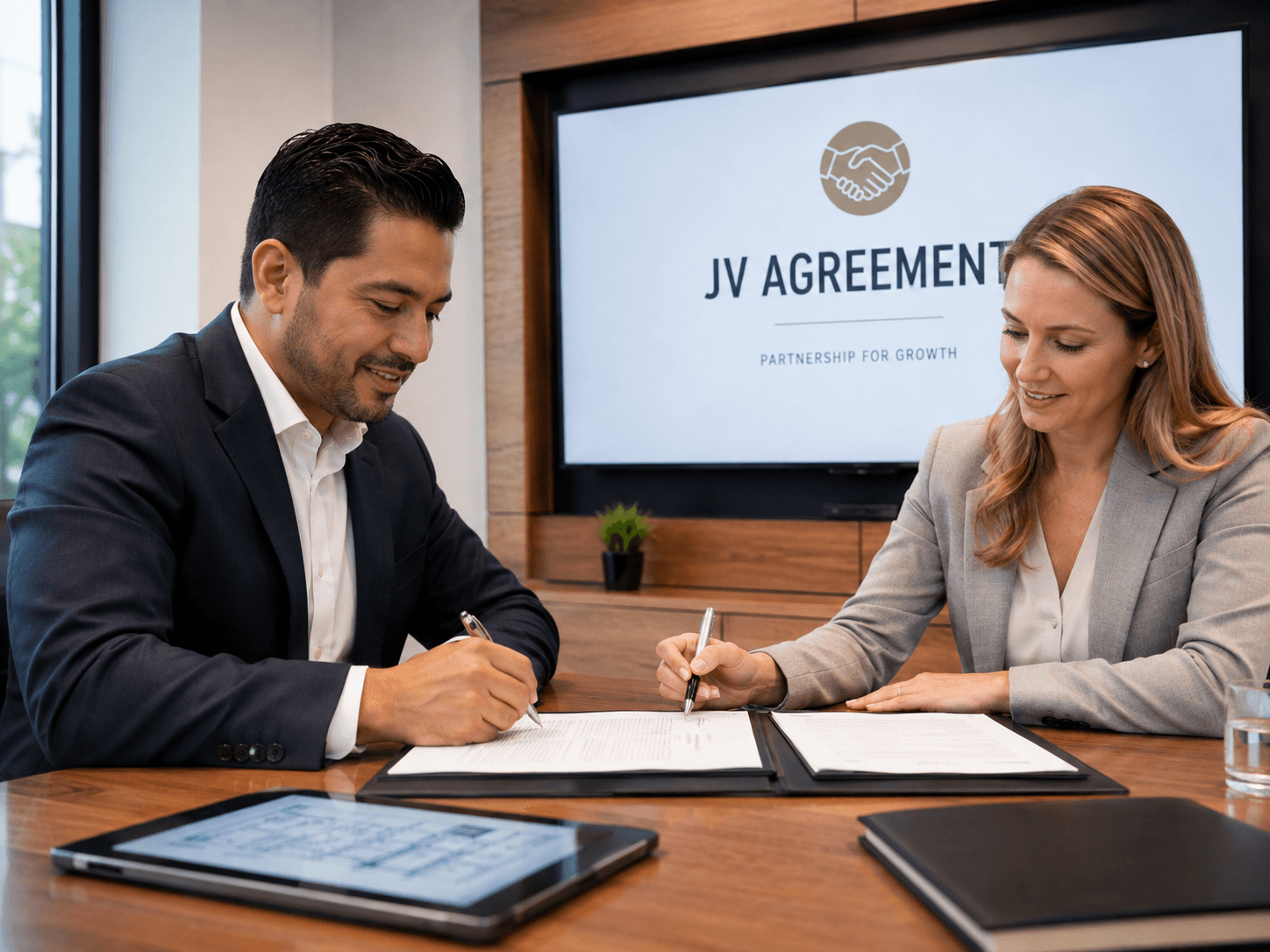 Business professionals signing a joint venture agreement in a boardroom with a digital display background.