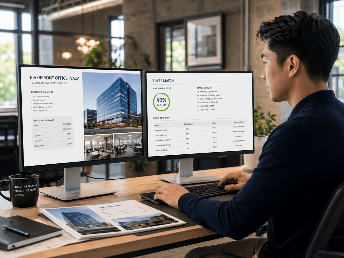 Man analyzing commercial real estate investment data and property listings on dual computer monitors.