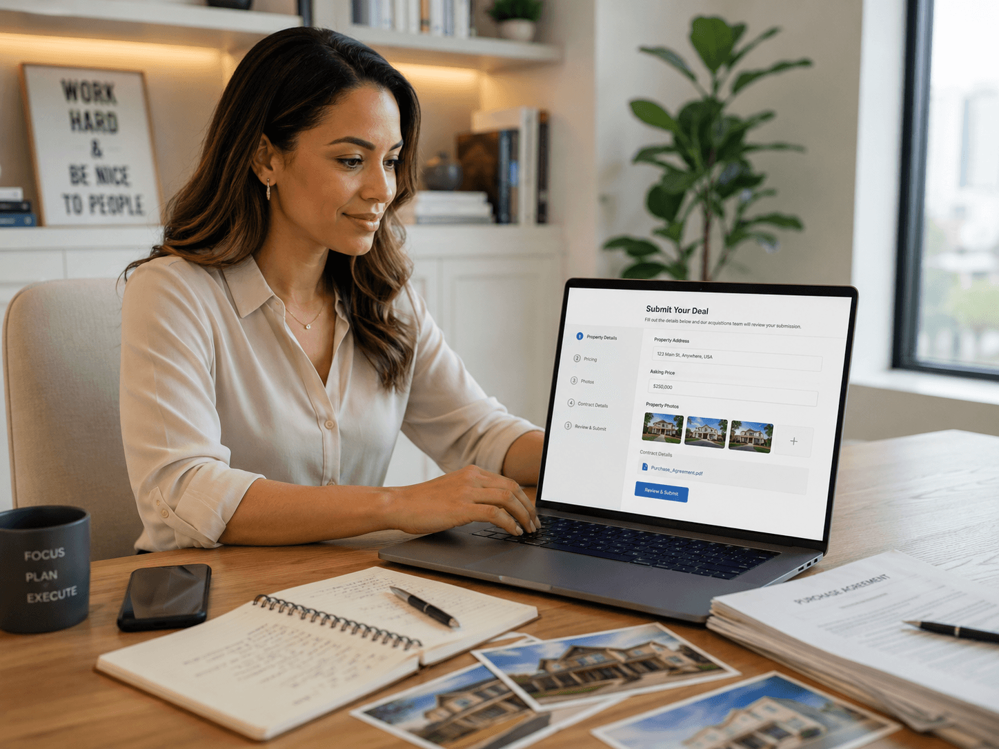 Professional woman using a laptop to submit a real estate deal with property photos.